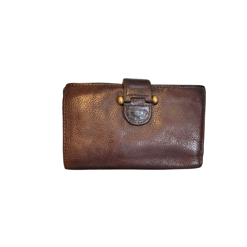 Fossil Womens Dark Brown Pebbled Leather Bifold Wallet Brass Hardware Logo